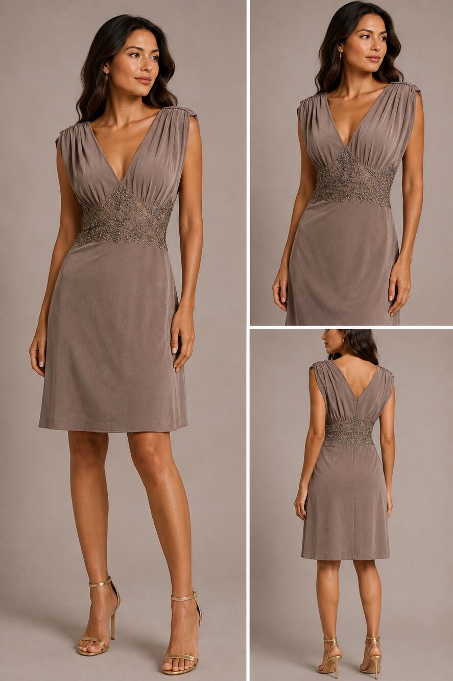 Space Style Concept Dress L NWT Taupe Beaded Lace Waist V Neck Cocktail